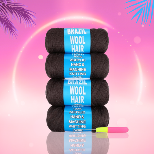 Brazil Wool Hair for Braids – Dark Brown – 4 Rolls + Crochet Needle – 100% Acrylic Hand & Machine Knitting Yarn